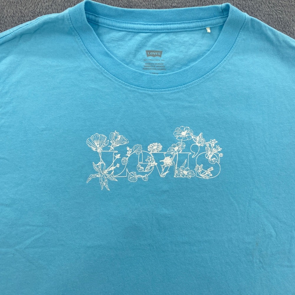 Levi's T-Shirt Womens Small Blue Floral Graphic Logo Short Sleeve Cotton Tee